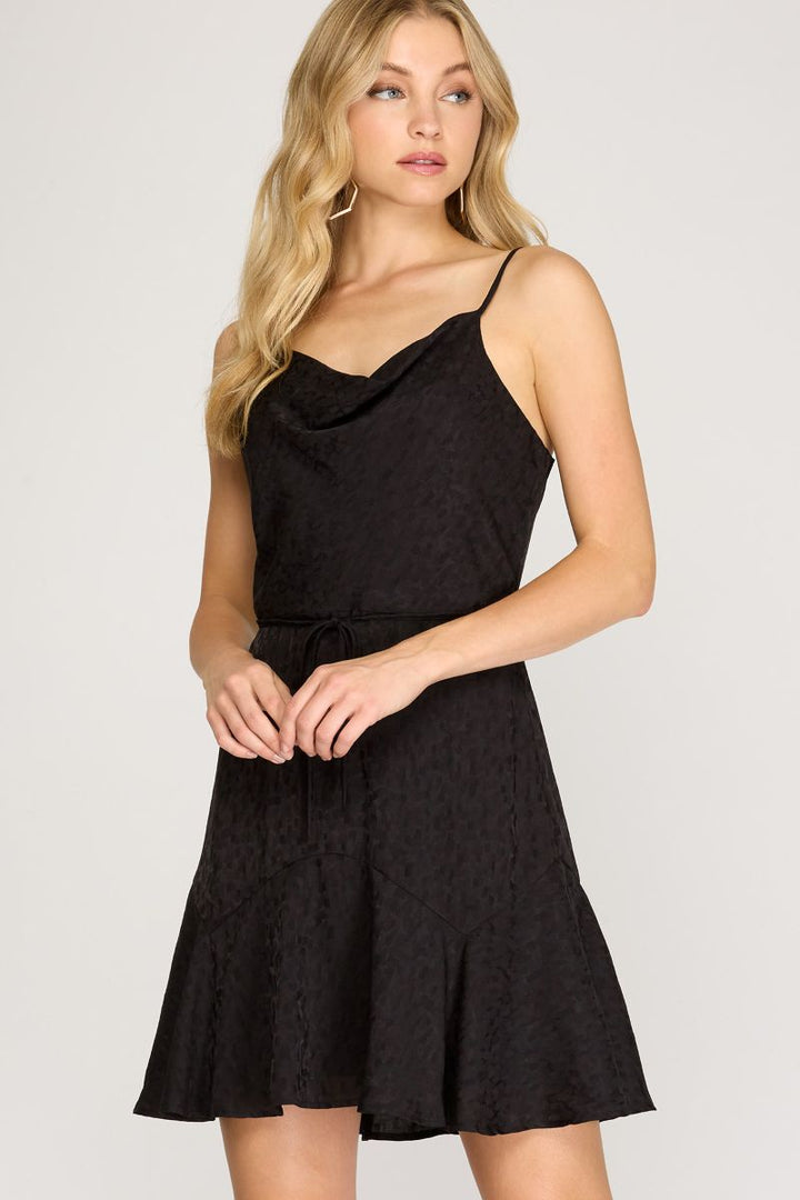 BLACK JACQUARDS COWL NECK CAMI WOVEN MINI DRESS SKSS8505