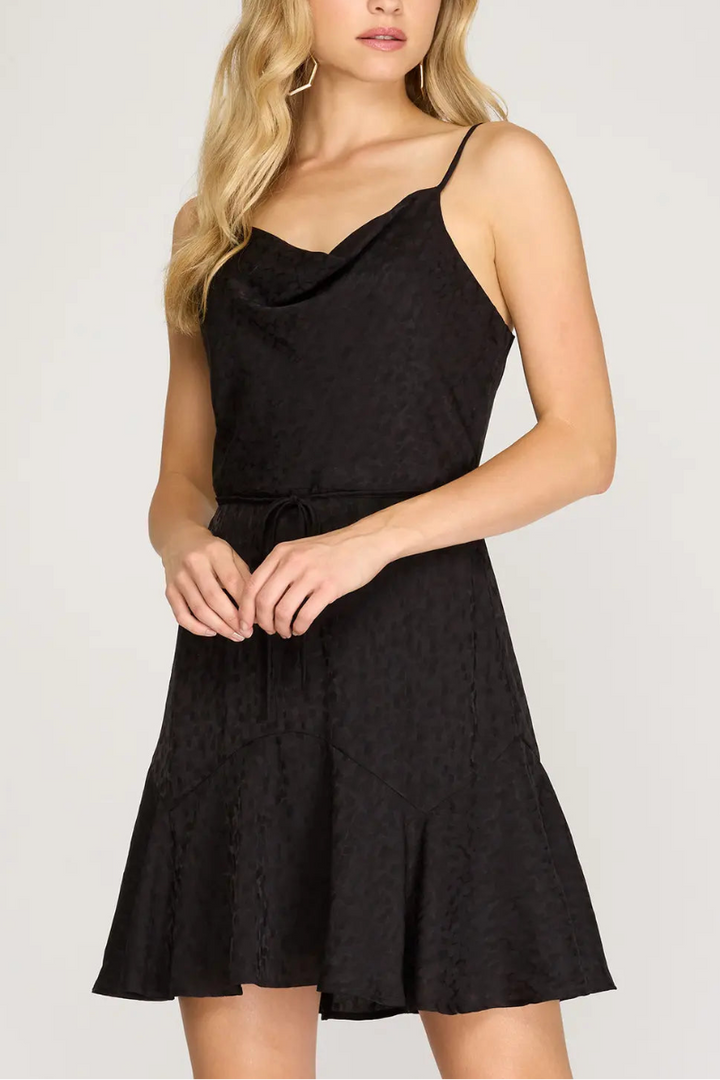 CAMI WOVEN JACQUARD SATIN COWL NECK DRESS*