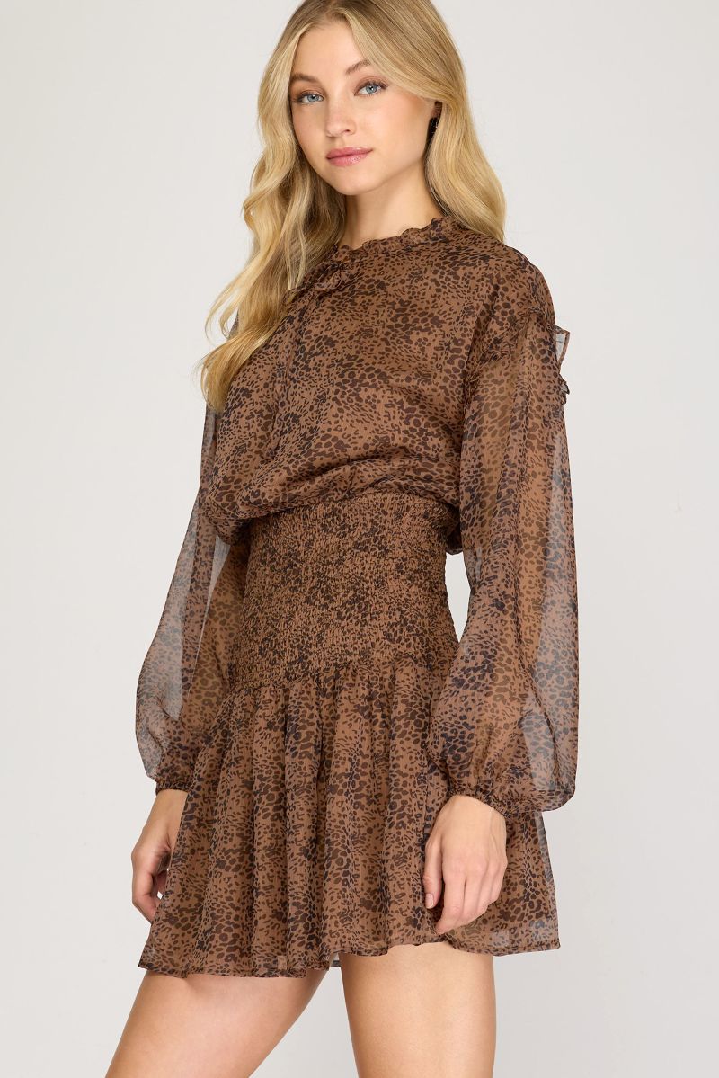 MOCHA RUFFLED DROP SHOULDER SMOCKED SKIRT MINI DRESS SKSS7383