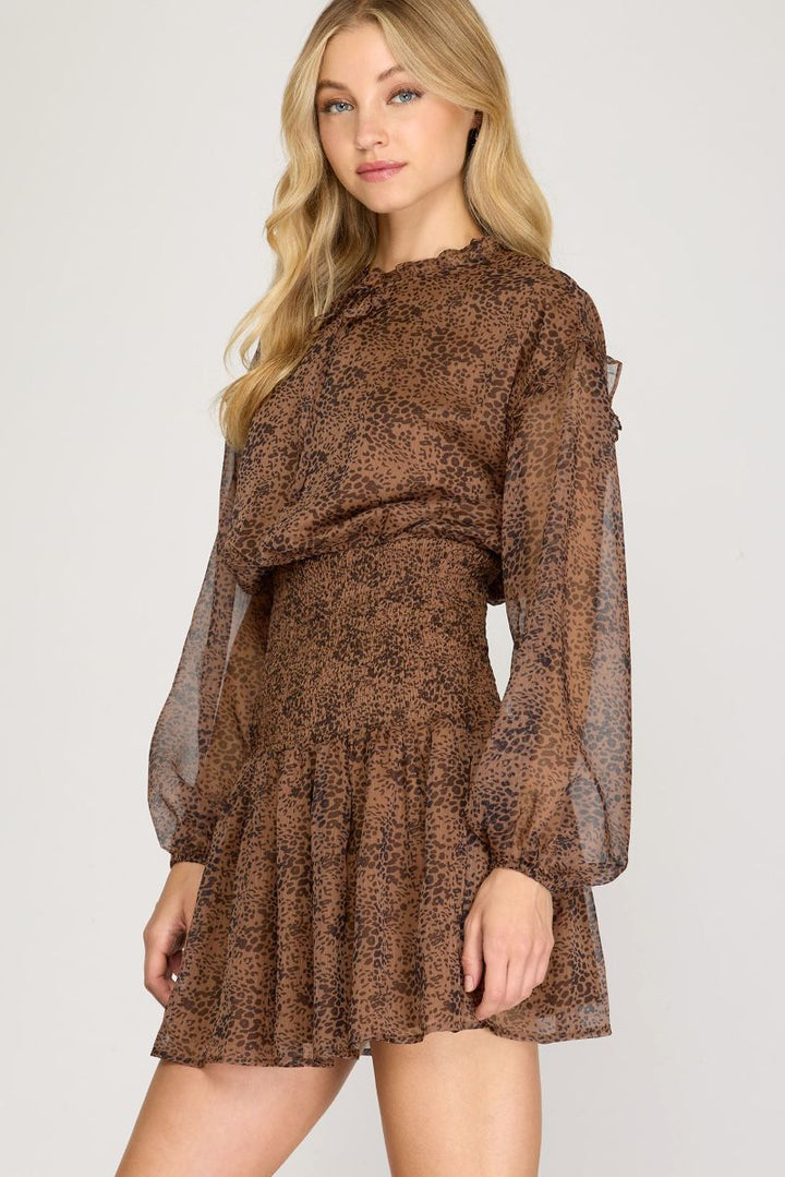 MOCHA RUFFLED DROP SHOULDER SMOCKED SKIRT MINI DRESS SKSS7383