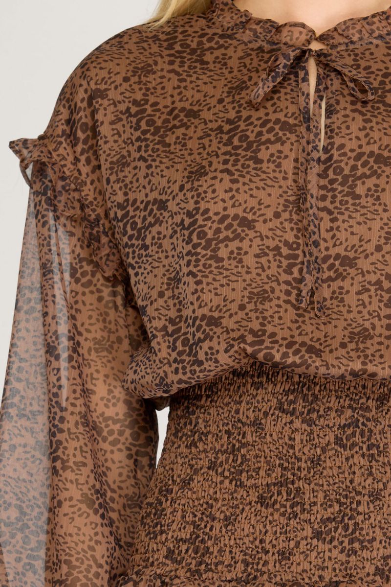 MOCHA RUFFLED DROP SHOULDER SMOCKED SKIRT MINI DRESS SKSS7383