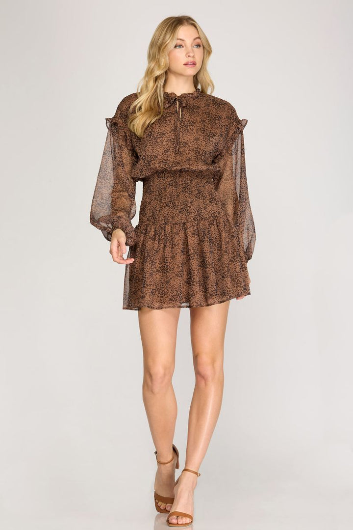 MOCHA RUFFLED DROP SHOULDER SMOCKED SKIRT MINI DRESS SKSS7383