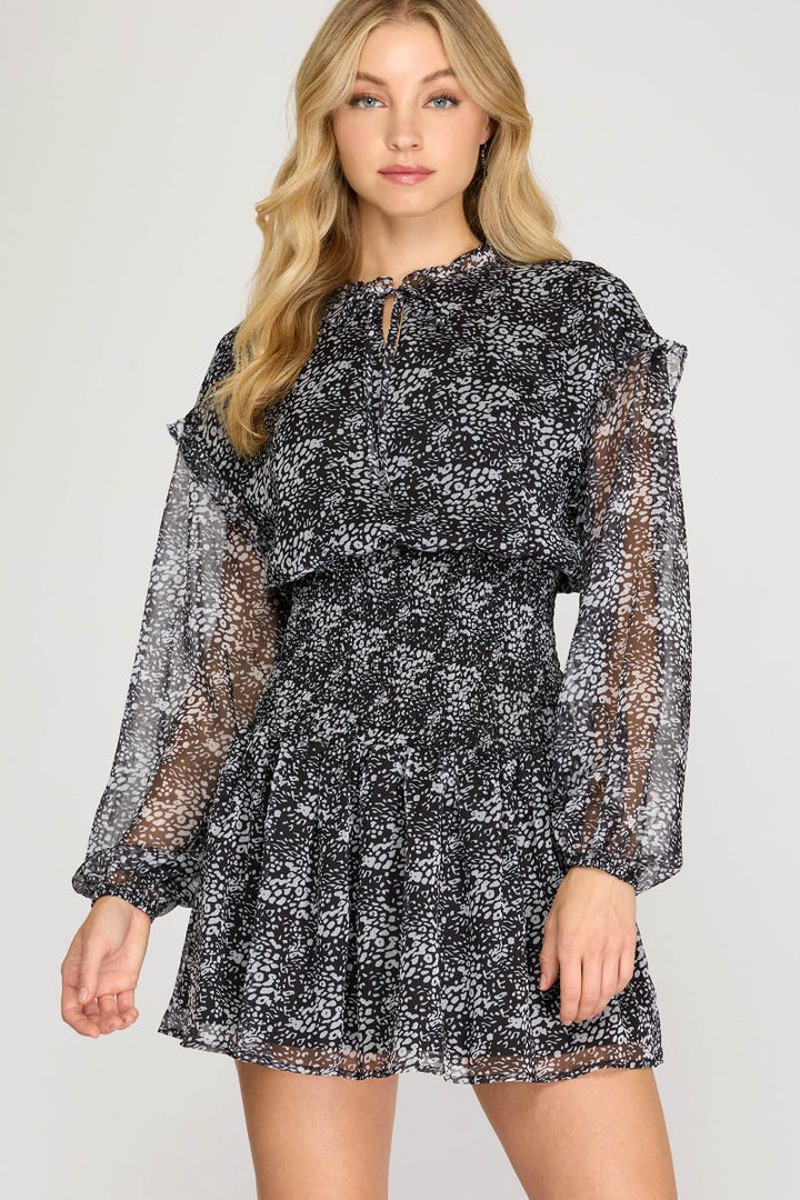 BLACK RUFFLED DROP SHOULDER SMOCKED SKIRT MINI DRESS SKSS7383