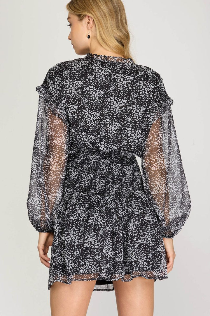 BLACK RUFFLED DROP SHOULDER SMOCKED SKIRT MINI DRESS SKSS7383