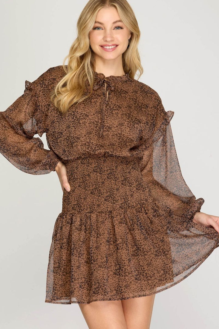 MOCHA RUFFLED DROP SHOULDER SMOCKED SKIRT MINI DRESS SKSS7383
