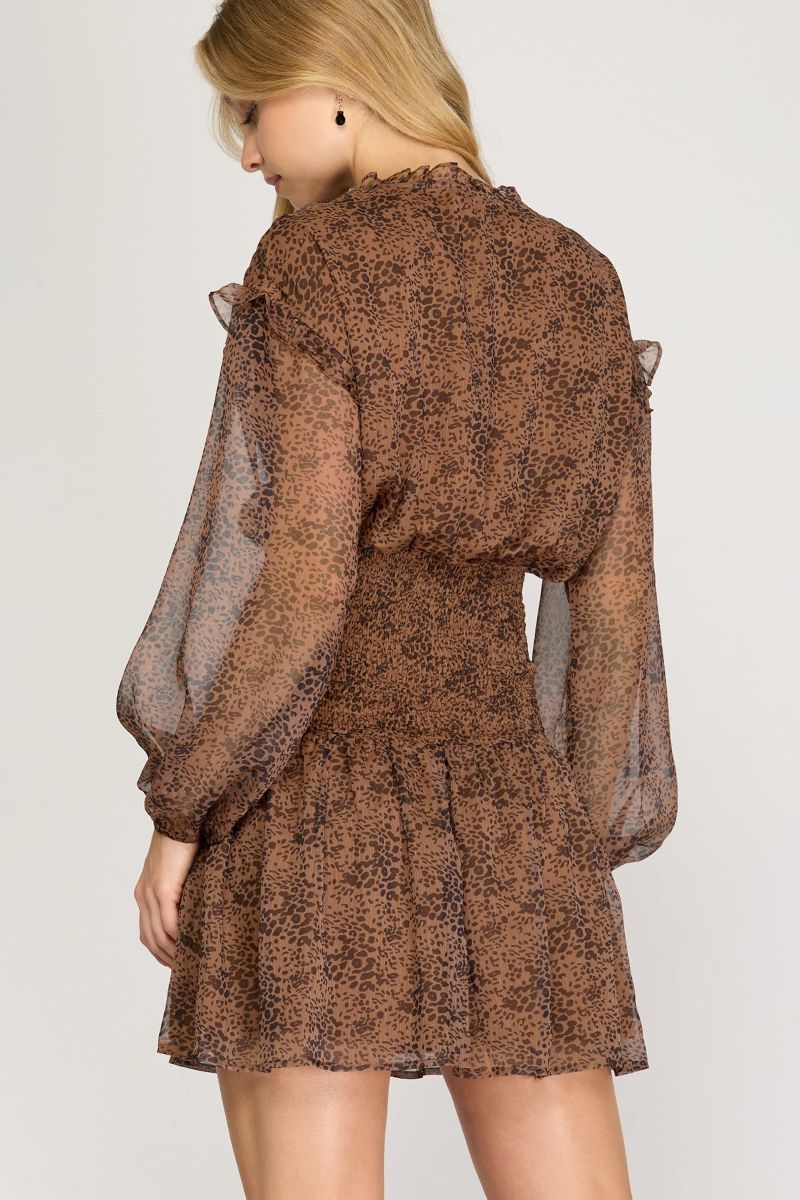 MOCHA RUFFLED DROP SHOULDER SMOCKED SKIRT MINI DRESS SKSS7383