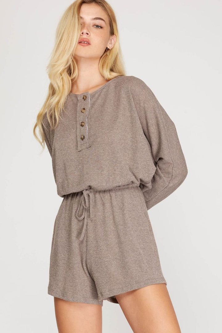 MOCHA LONG SLEEVES BACK TIE DETAIL ROMPER