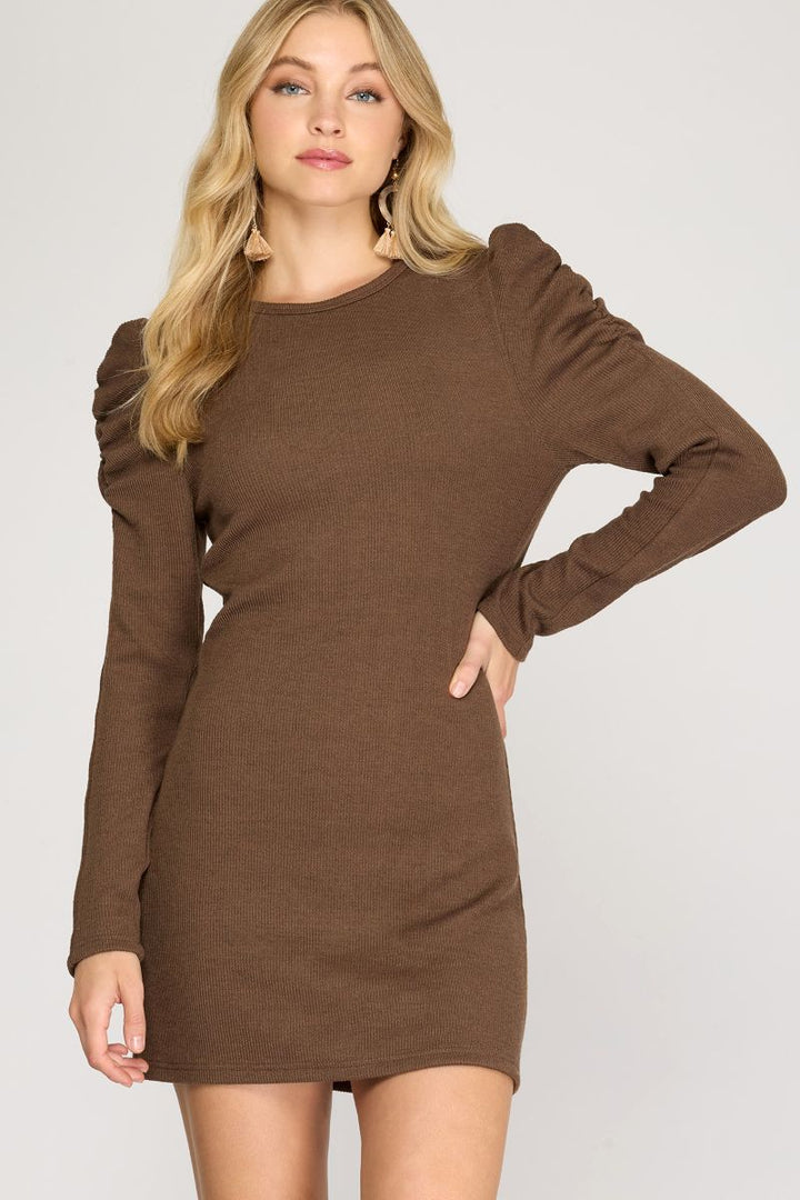 MOCHA LONG SHIRRED SLEEVES HEAVY KNIT MINI DRESS