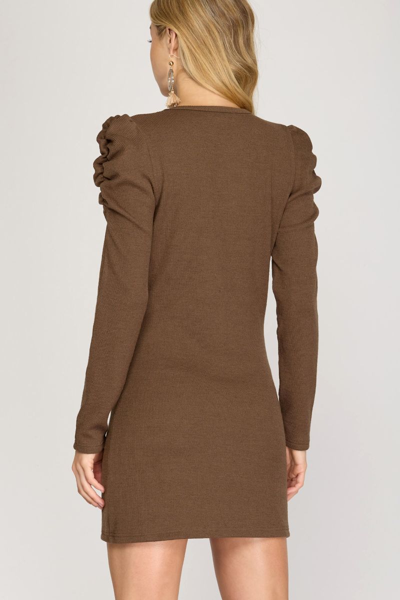 MOCHA LONG SHIRRED SLEEVES HEAVY KNIT MINI DRESS
