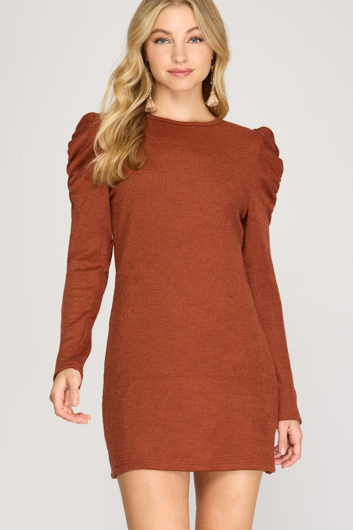 RUST LONG SHIRRED SLEEVES HEAVY KNIT MINI DRESS