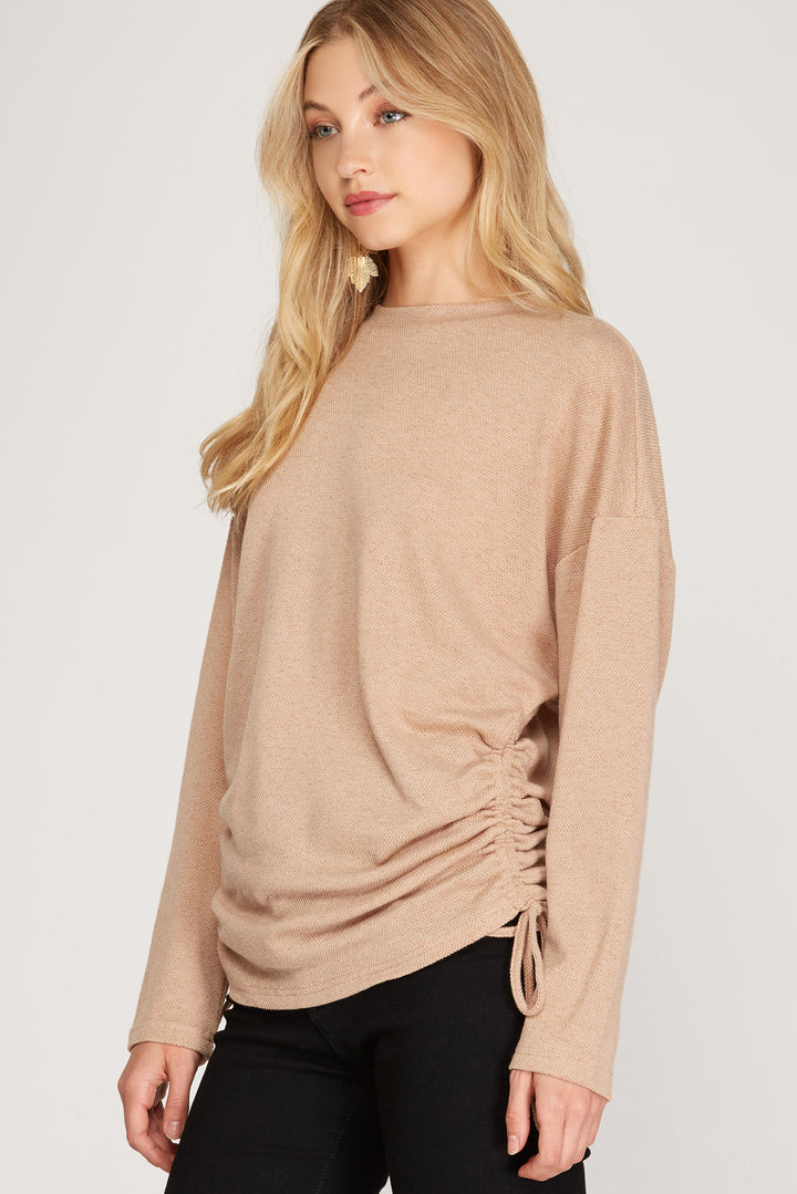 TAUPE TEXTURED KNIT LONG SLEEVES RUCHED SIDES DETAILED TOP