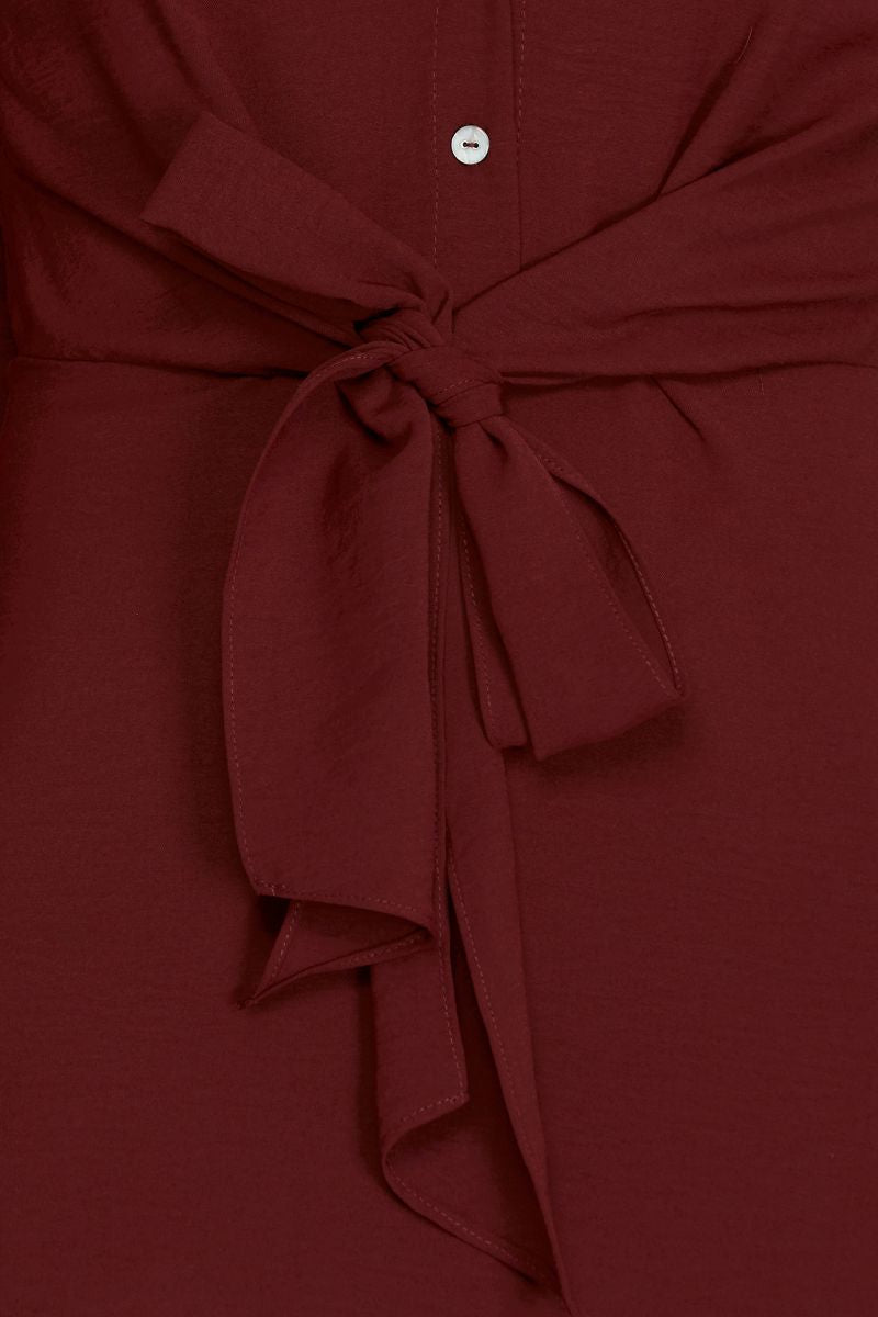 WINE LONG CUFF SLEEVES W/FRONT TIE WOVEN MINI DRESS S10SS8738