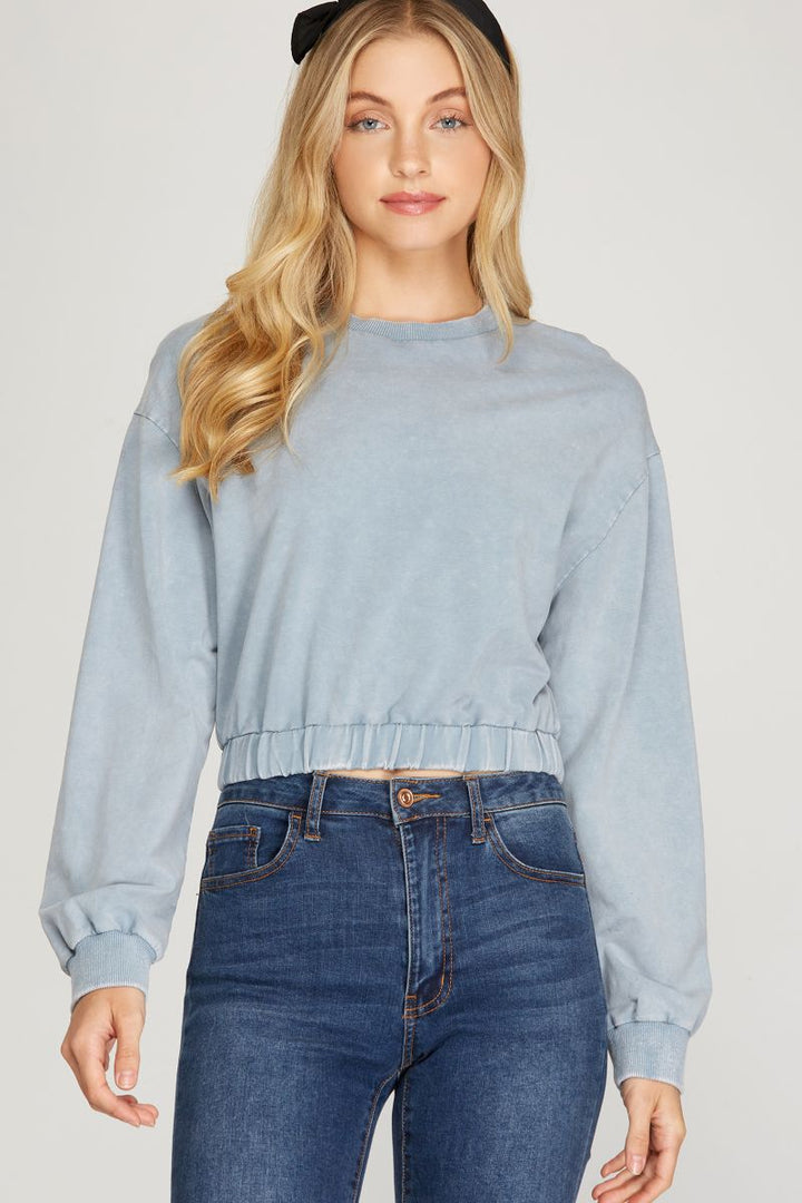 BLUE GREY WASHED ELASTIC WAIST KNIT TOP
