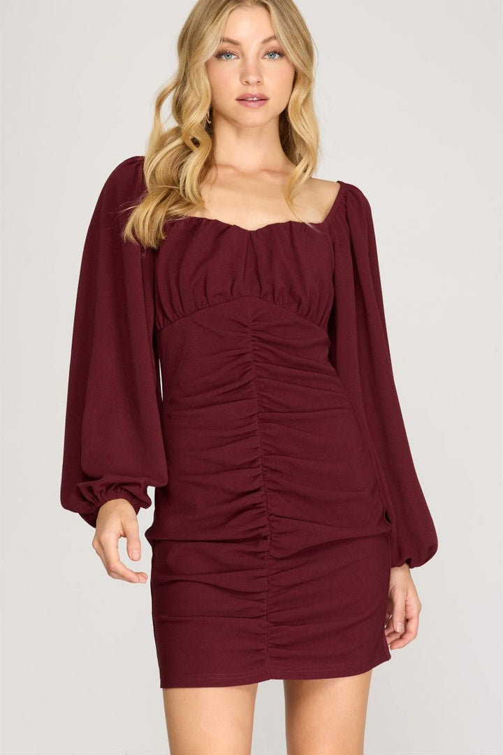 WINE TEXTURED RUCHED SKIRT FRONT DETAIL KNIT MINI DRESS SKSS8521