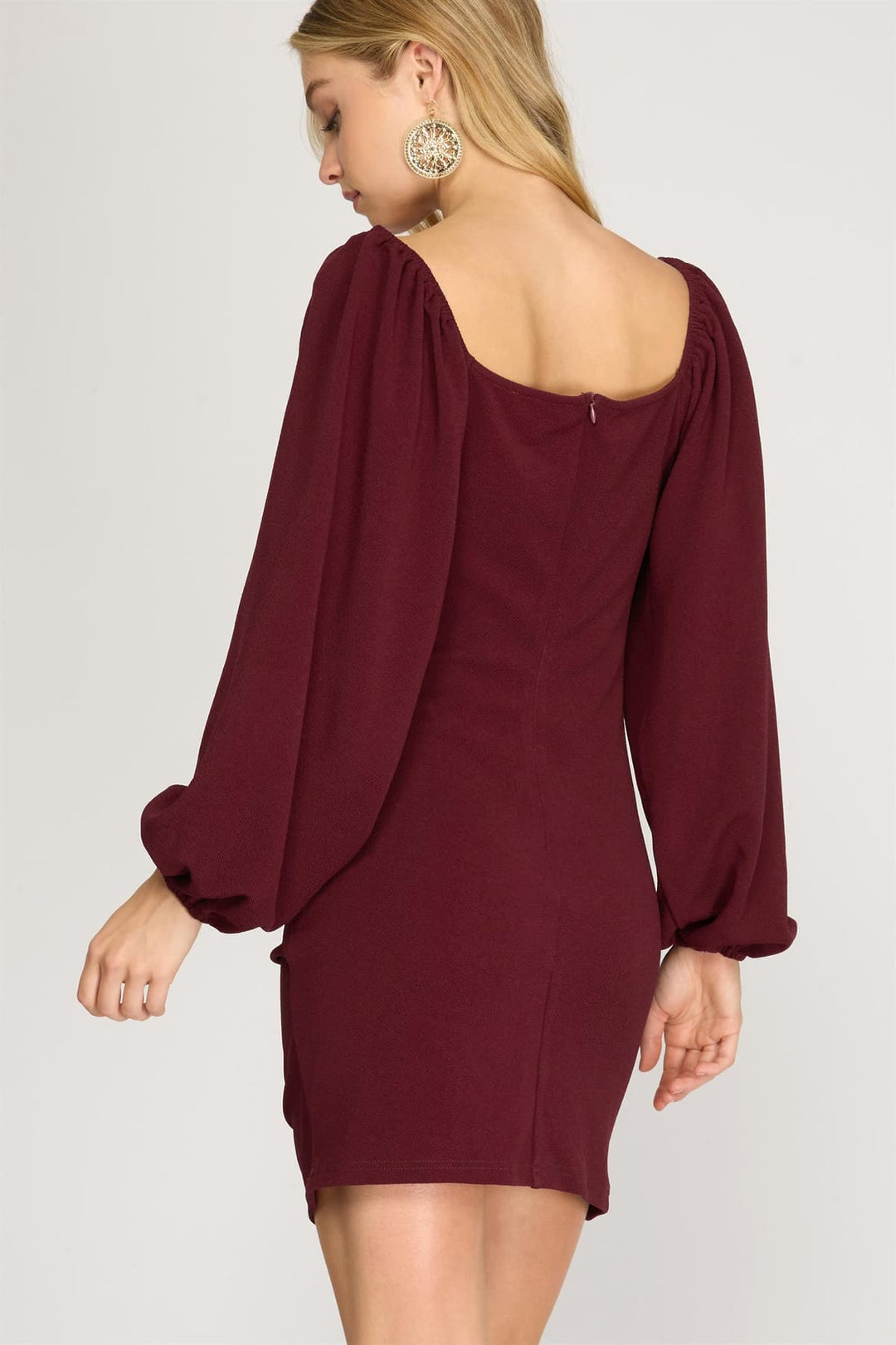 WINE TEXTURED RUCHED SKIRT FRONT DETAIL KNIT MINI DRESS SKSS8521