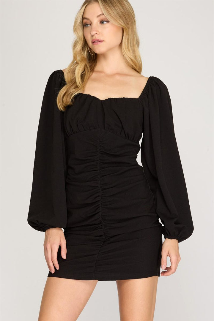 BLACK TEXTURED RUCHED SKIRT FRONT DETAIL KNIT MINI DRESS SKSS8521