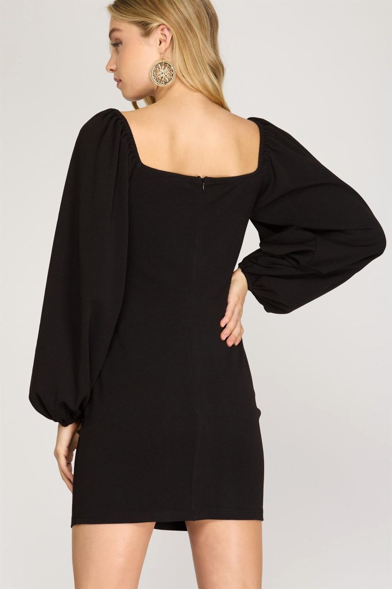 BLACK TEXTURED RUCHED SKIRT FRONT DETAIL KNIT MINI DRESS SKSS8521