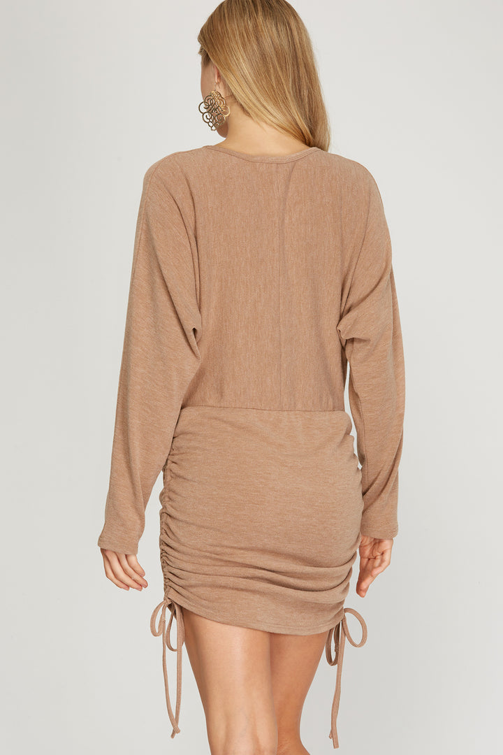 TAUPE DOLMAN SLEEVES W/DRAWSTRING RUCHED SIDES KNIT MINI DRESS S8SS8909