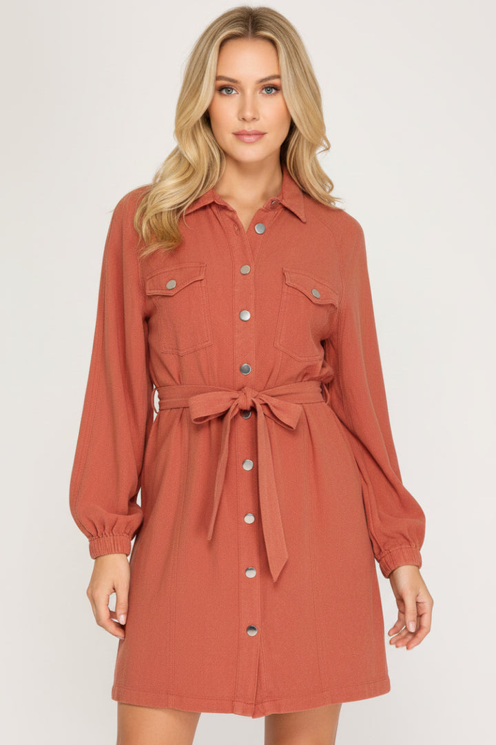 BLACK BUTTON DOWN WASHED SHIRT W/WAIST TIE MINI DRESS-SKSS8617.