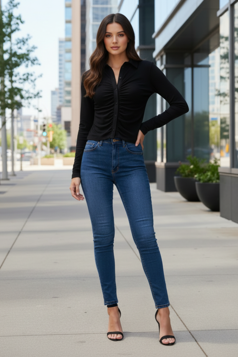 LONG SLEEVES BRUSHED STRETCH SHIRRING DETAILED  TOP SKSS8709*