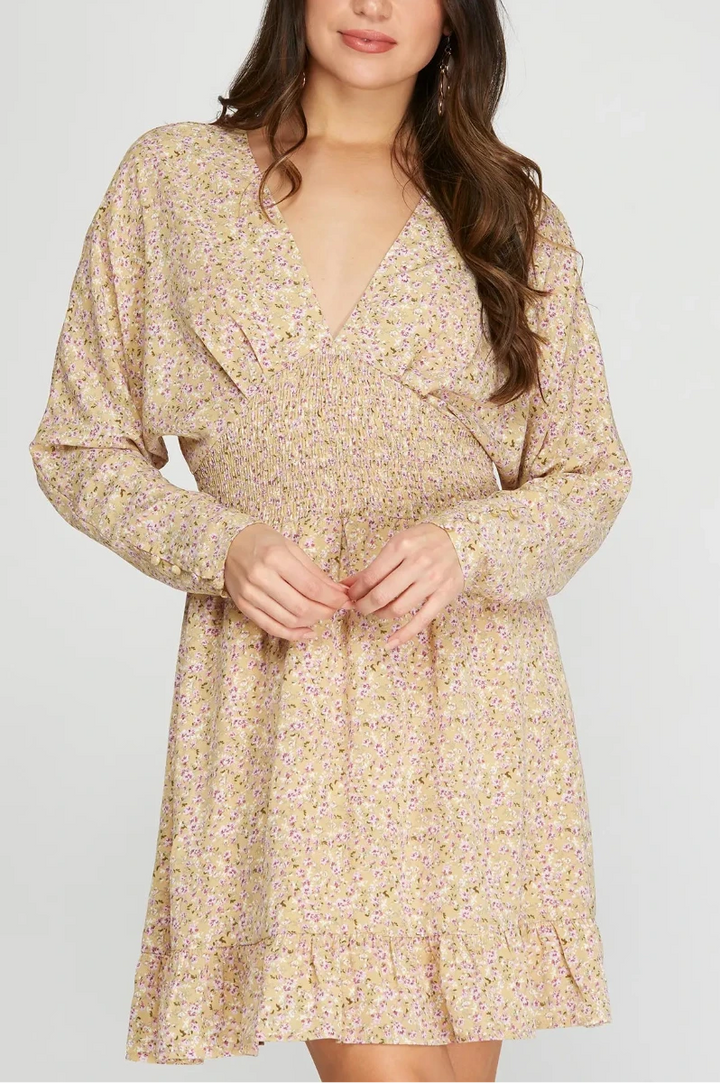 DUSTY ROSE FLORAL PLUNGE NECK DOLMAN SLEEVES WOVEN MINI DRESS