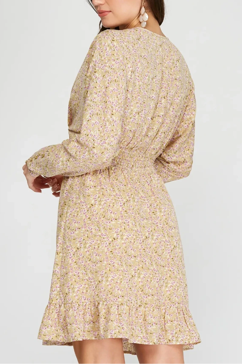 DUSTY ROSE FLORAL PLUNGE NECK DOLMAN SLEEVES WOVEN MINI DRESS
