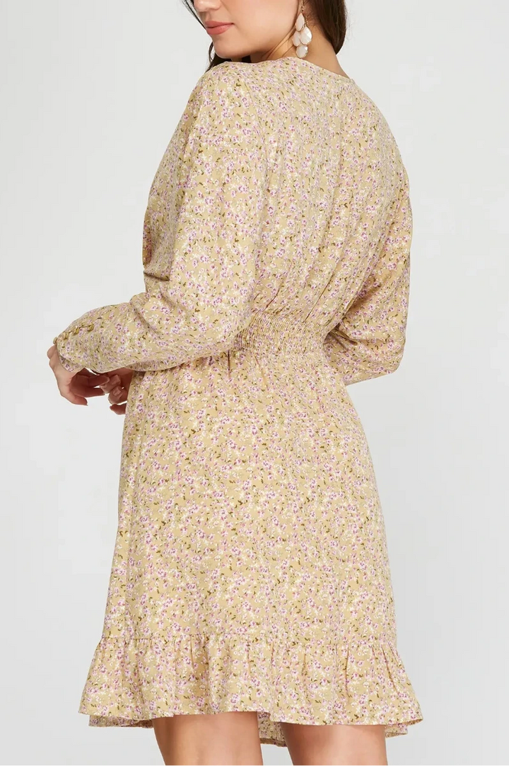 DUSTY ROSE FLORAL PLUNGE NECK DOLMAN SLEEVES WOVEN MINI DRESS