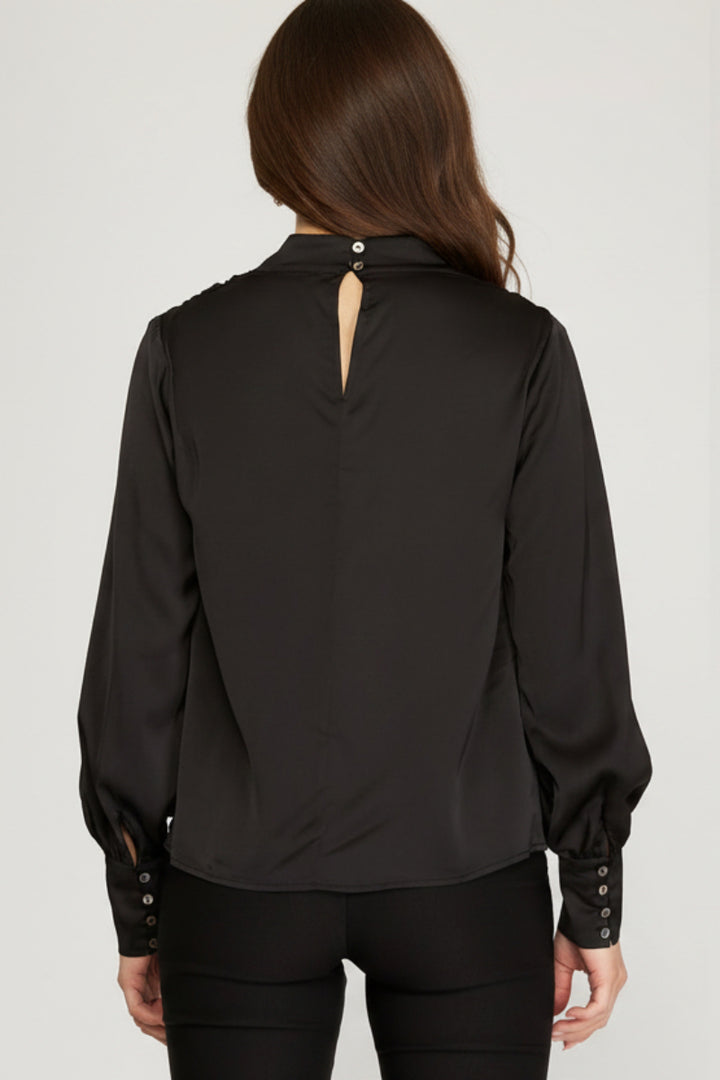 LONG SLEEVE WOVEN SATIN COWL NECK TOP-SKSS8694