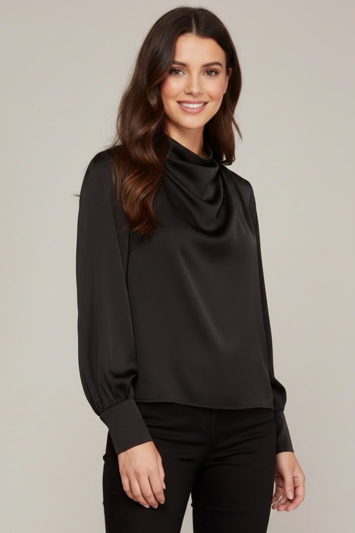 LONG SLEEVE WOVEN SATIN COWL NECK TOP-SKSS8694