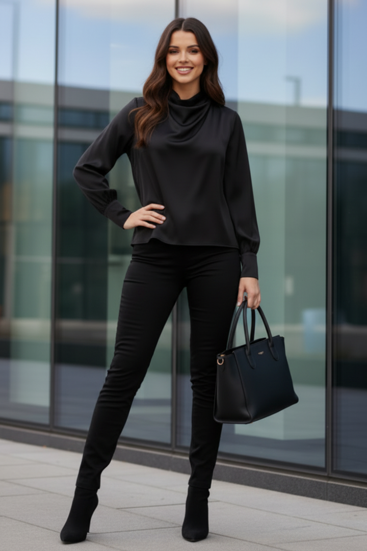 LONG SLEEVE WOVEN SATIN COWL NECK TOP-SKSS8694
