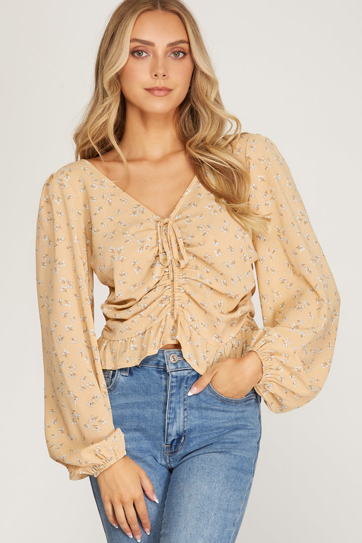 FLORAL PRINT LONG SLEEVE RUCHED WOVEN TOP