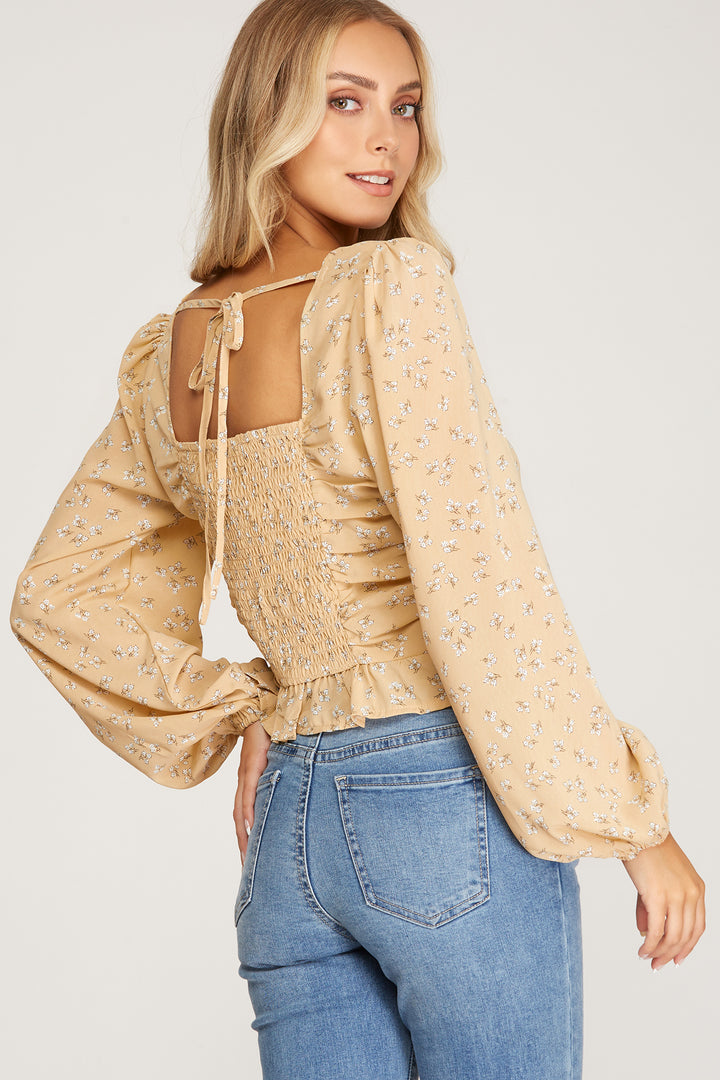 FLORAL PRINT LONG SLEEVE RUCHED WOVEN TOP