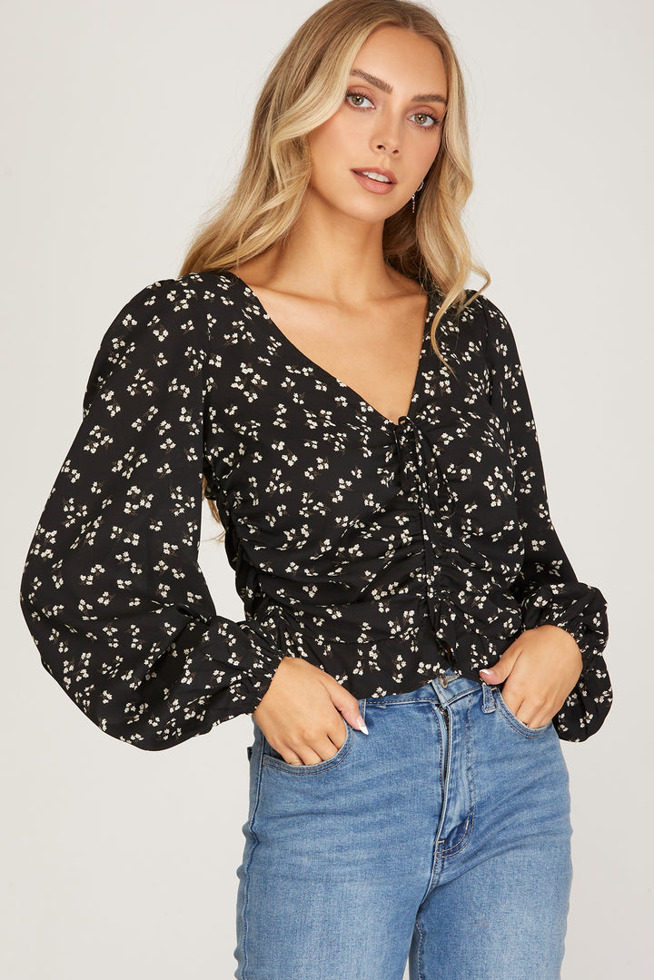 FLORAL PRINT LONG SLEEVE RUCHED WOVEN TOP