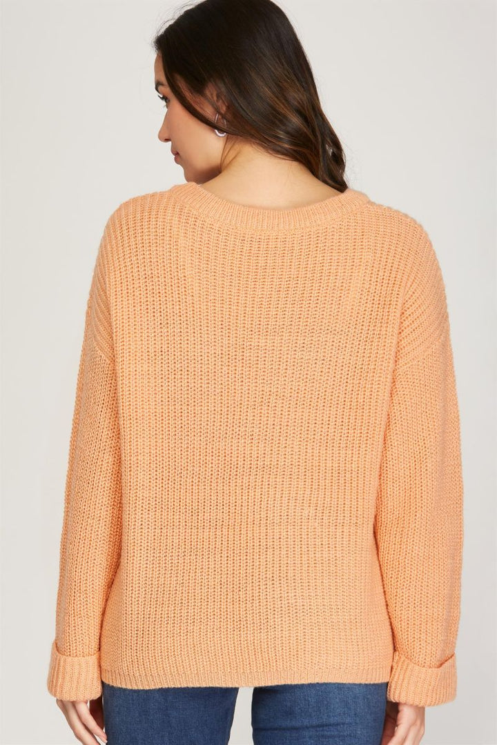 PEACH V-NECK SLIT KNIT LONG SLEEVES SWEATER SKSS8910