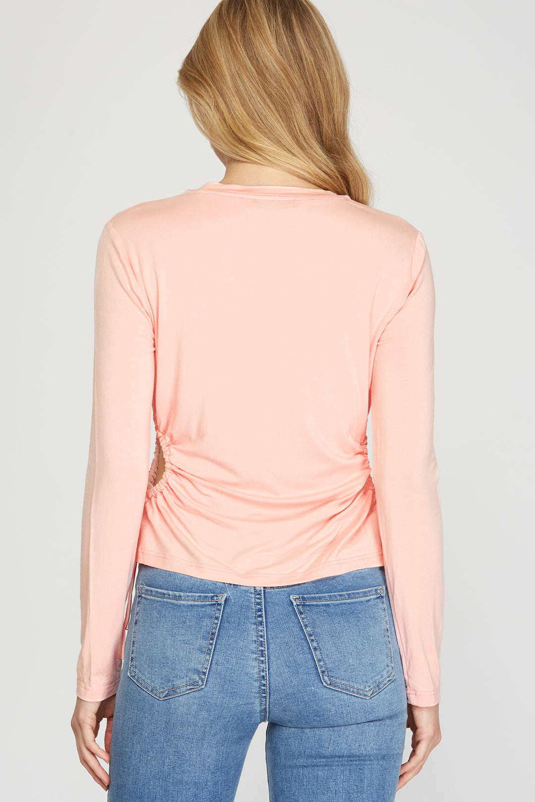 LONG SLEEVE SIDE DRAWSTRING RUCHED CUTOUT KNIT TOP