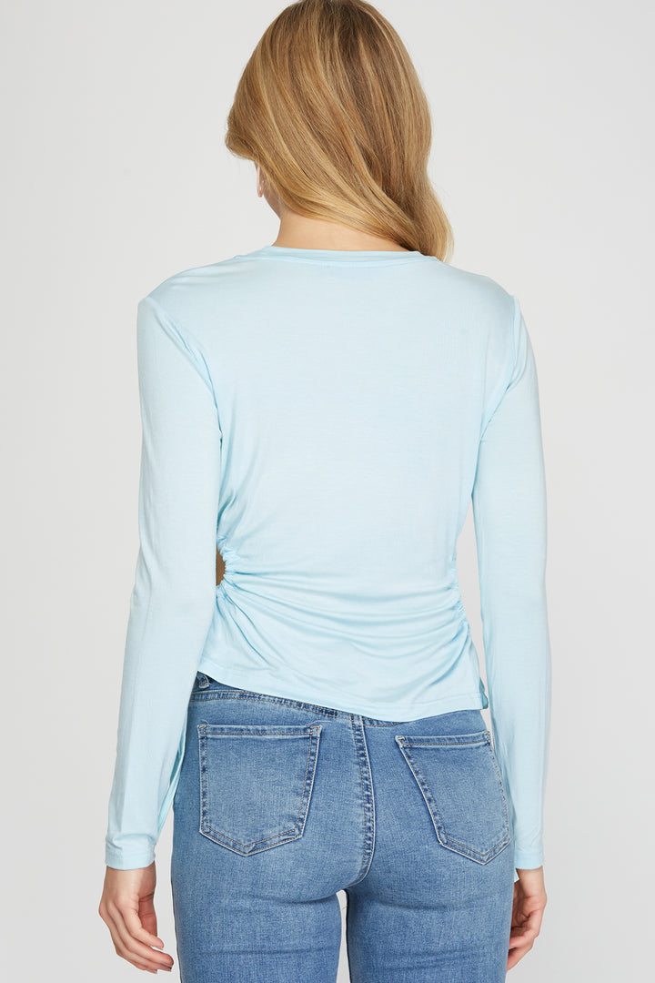 LONG SLEEVE SIDE DRAWSTRING RUCHED CUTOUT KNIT TOP