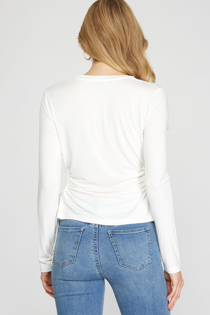 LONG SLEEVE SIDE DRAWSTRING RUCHED CUTOUT KNIT TOP