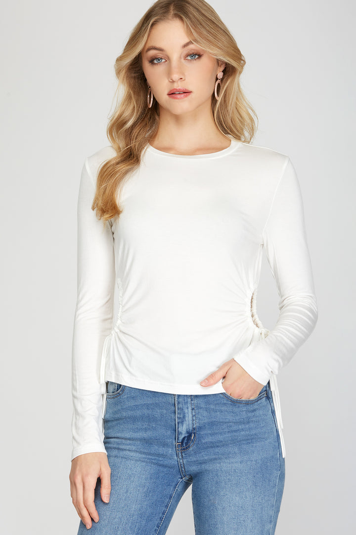 LONG SLEEVE SIDE DRAWSTRING RUCHED CUTOUT KNIT TOP