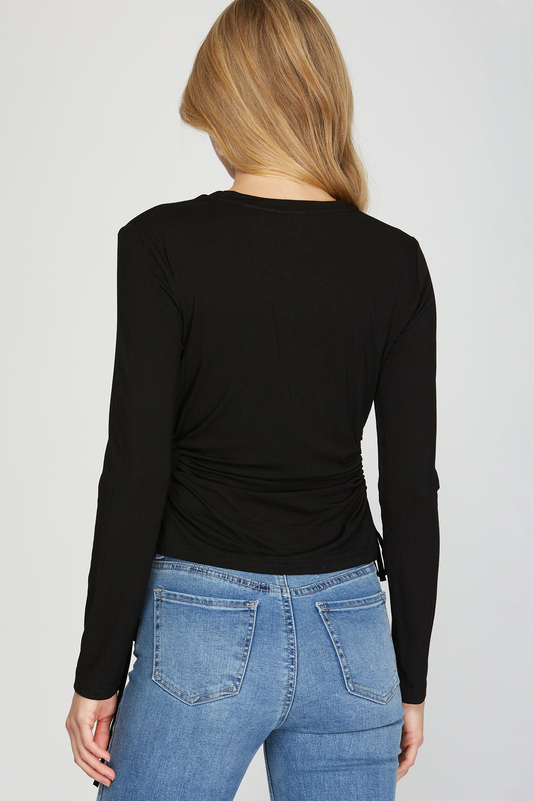 LONG SLEEVE SIDE DRAWSTRING RUCHED CUTOUT KNIT TOP