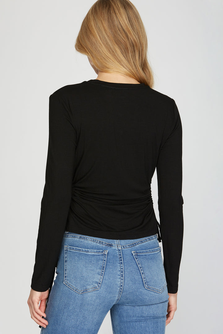 LONG SLEEVE SIDE DRAWSTRING RUCHED CUTOUT KNIT TOP