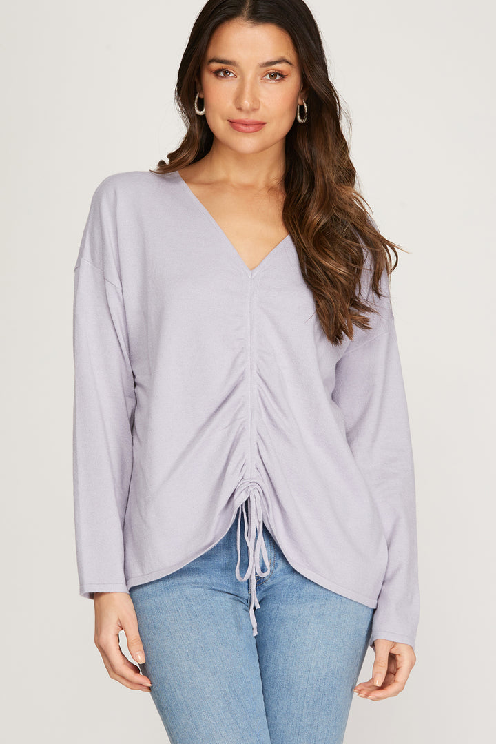 ROSE RUCHED FRONT DRAWSTRING KNIT SWEATER TOP