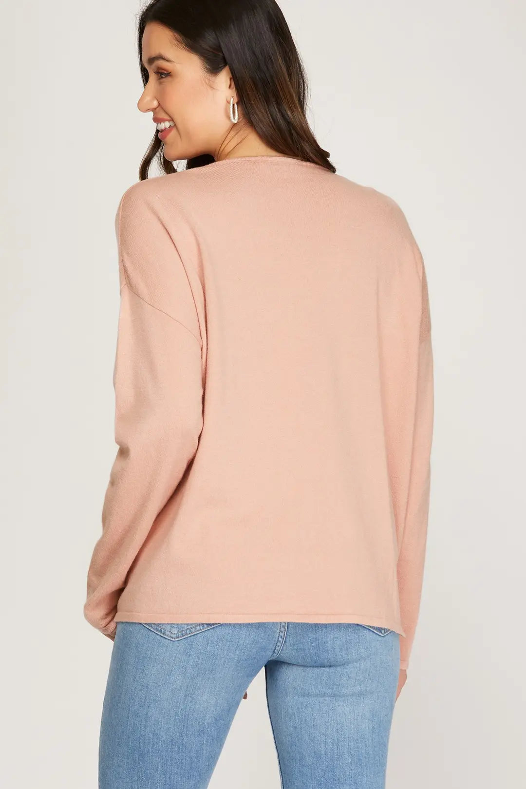 ROSE RUCHED FRONT DRAWSTRING KNIT SWEATER TOP