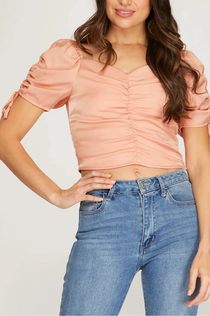 SHORT RUCHED SLEEVES FRONT SHIRRED SIDE ZIP CROP TOP SKSS9262