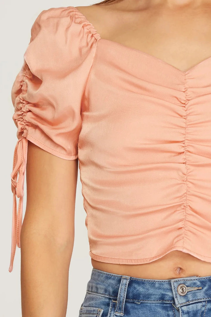SHORT RUCHED SLEEVES FRONT SHIRRED SIDE ZIP CROP TOP SKSS9262
