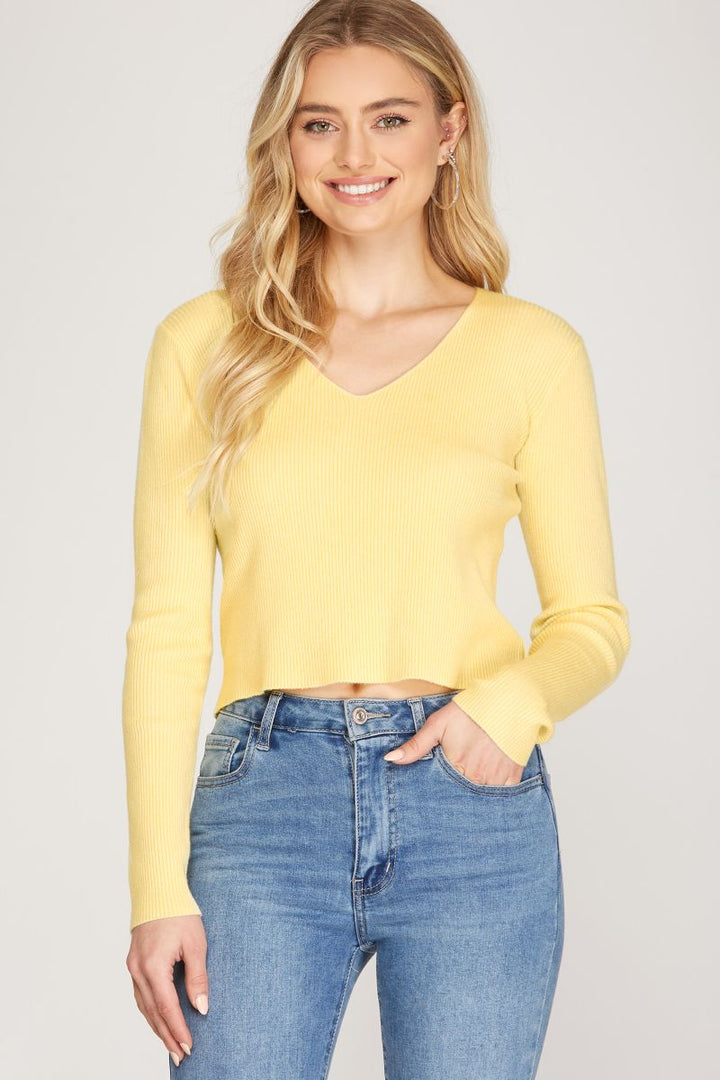 PASTEL YELLOW V-NECK LONG SLEEVES SWEATER TOP SKSS9701