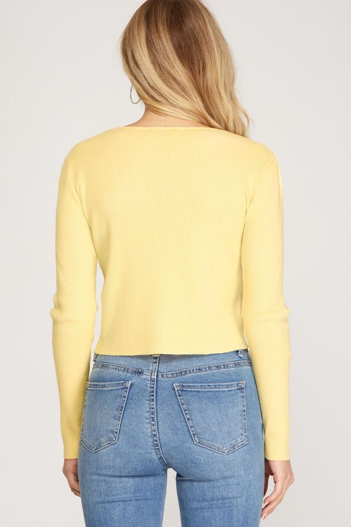 PASTEL YELLOW V-NECK LONG SLEEVES SWEATER TOP SKSS9701