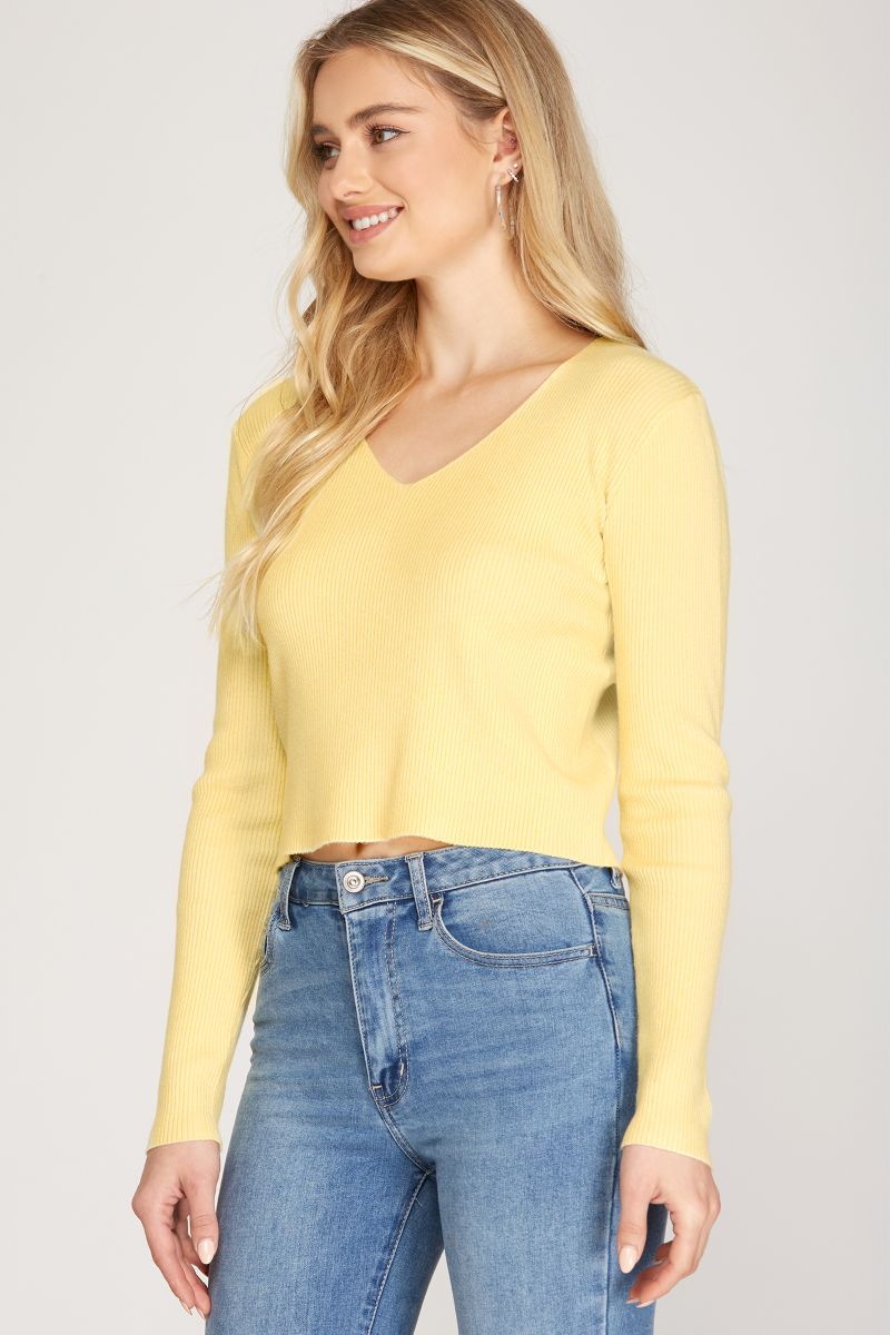 PASTEL YELLOW V-NECK LONG SLEEVES SWEATER TOP SKSS9701