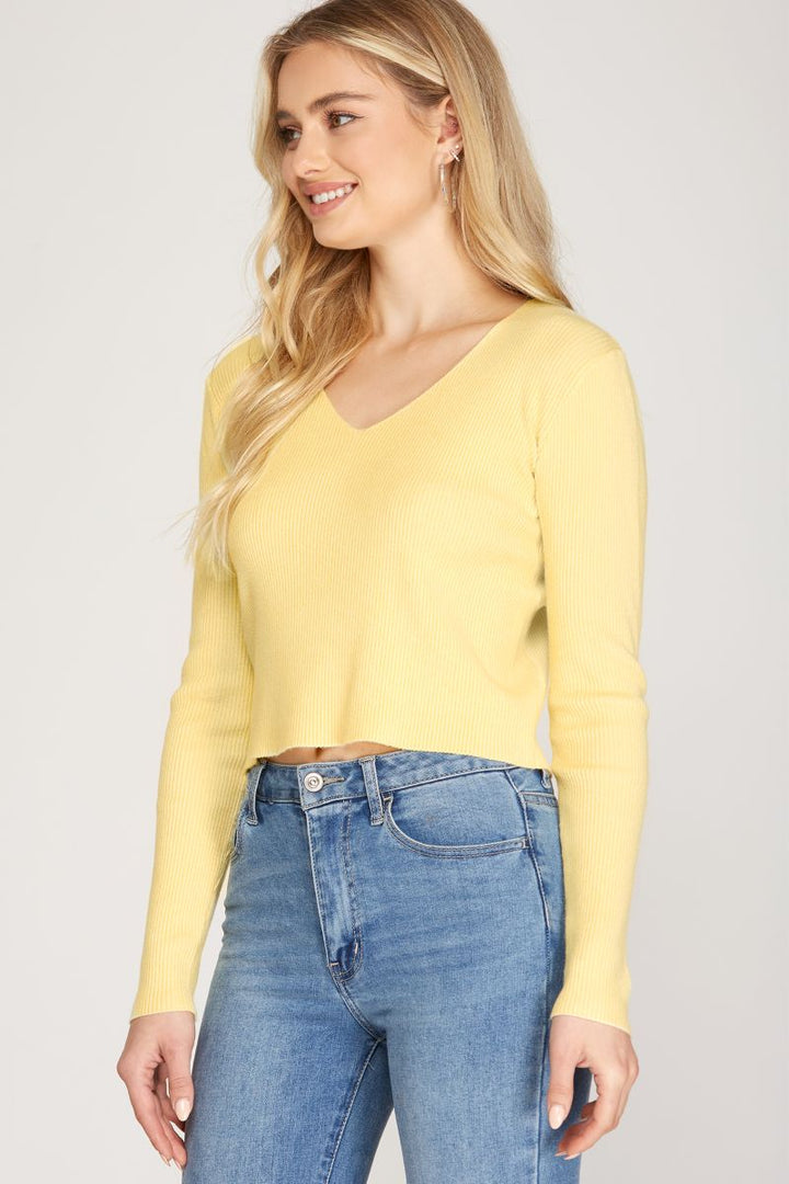PASTEL YELLOW V-NECK LONG SLEEVES SWEATER TOP SKSS9701