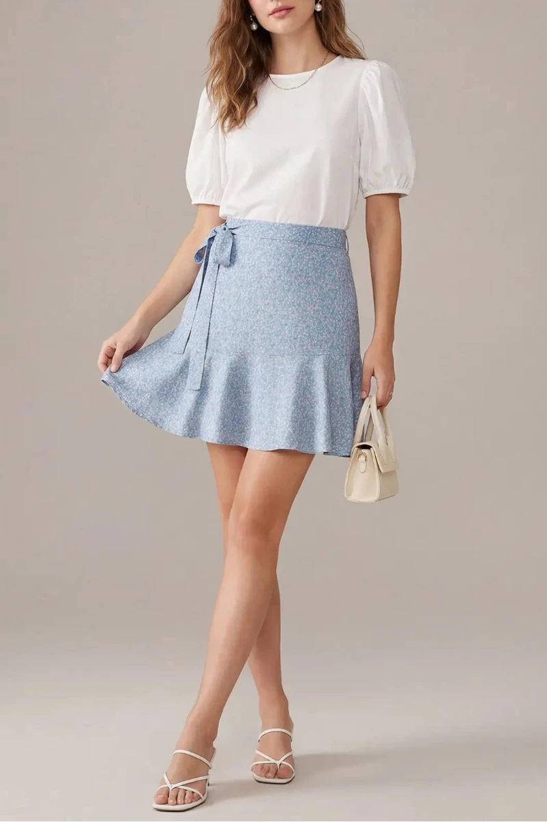 PRINTED WOVEN RUFFLED HEM MINI SKIRT*