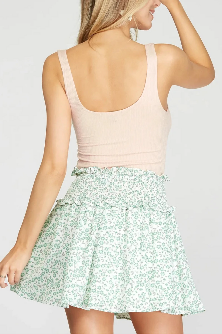 YELLOW FLORAL PRINT SMOCKED WOVEN MINI SKIRT